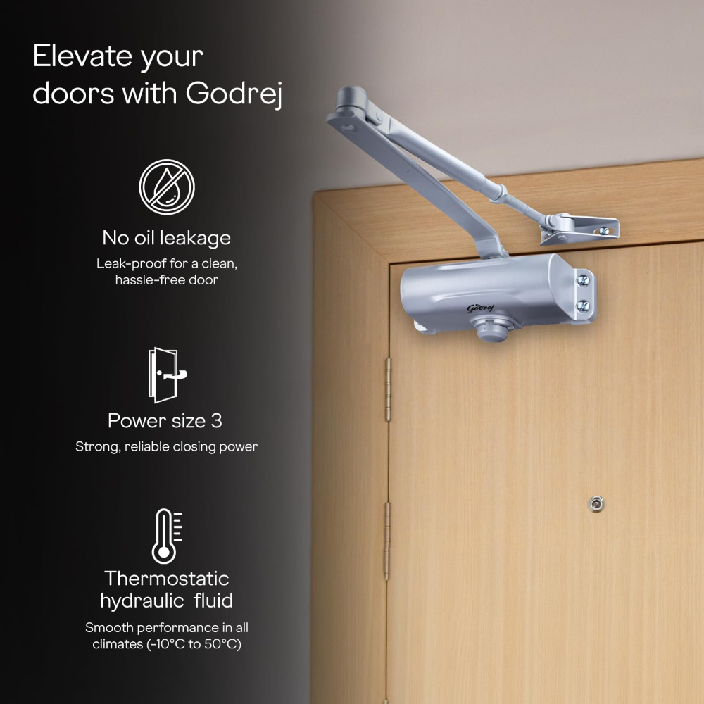 Godrej Hercules Door Closer | No Oil Leakage Guaranteed | Rack and Pinion Mechanism | Double Speed Adjustment (Silver Finish)